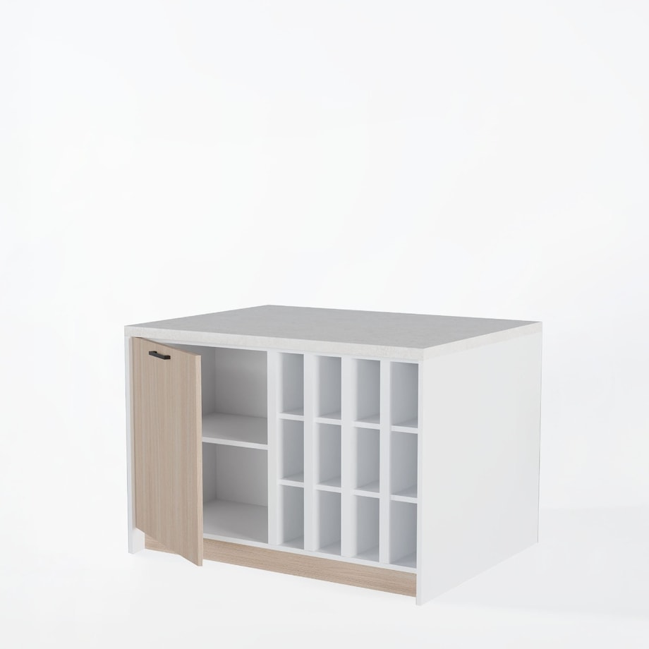 Wyspa kuchenna, SALVINA, 2 szafki 60 cm z półkami standardowymi oraz na wino, korpus biały, fronty dąb cremona, blat crema limestone