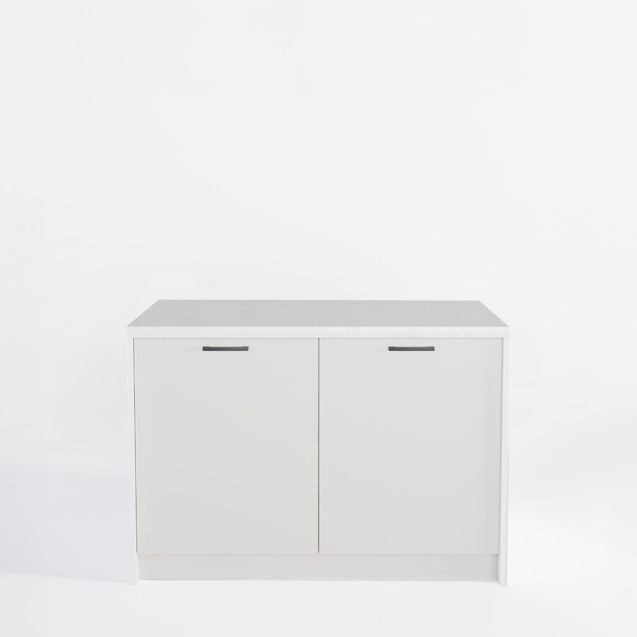 Wyspa kuchenna SALVINA, 2 szafki 60 cm z półkami, korpus biały, fronty kaszmir, blat crema limestone