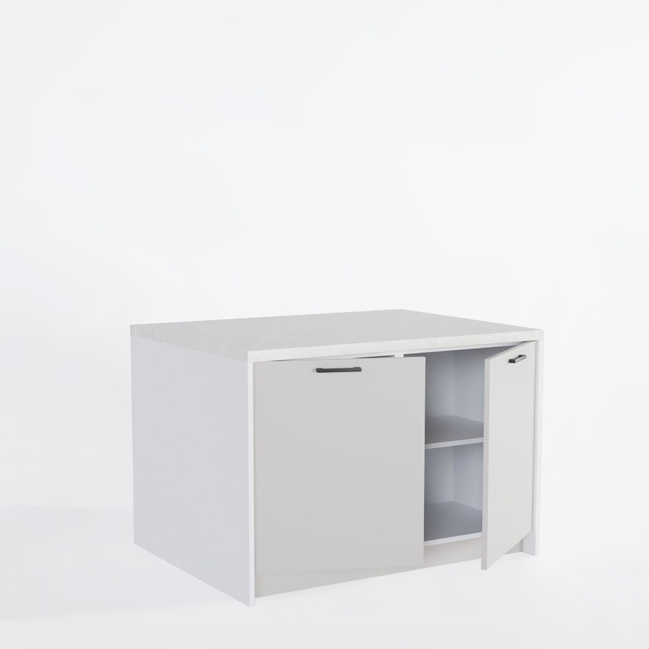 Wyspa kuchenna SALVINA, 2 szafki 60 cm z półkami, korpus biały, fronty kaszmir, blat crema limestone