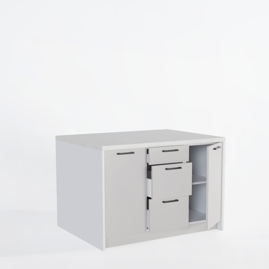 Wyspa kuchenna, SALVINA, 3 szafki 40 cm z półkami i 3 szufladami, korpus biały, fronty kaszmir, blat crema limestone
