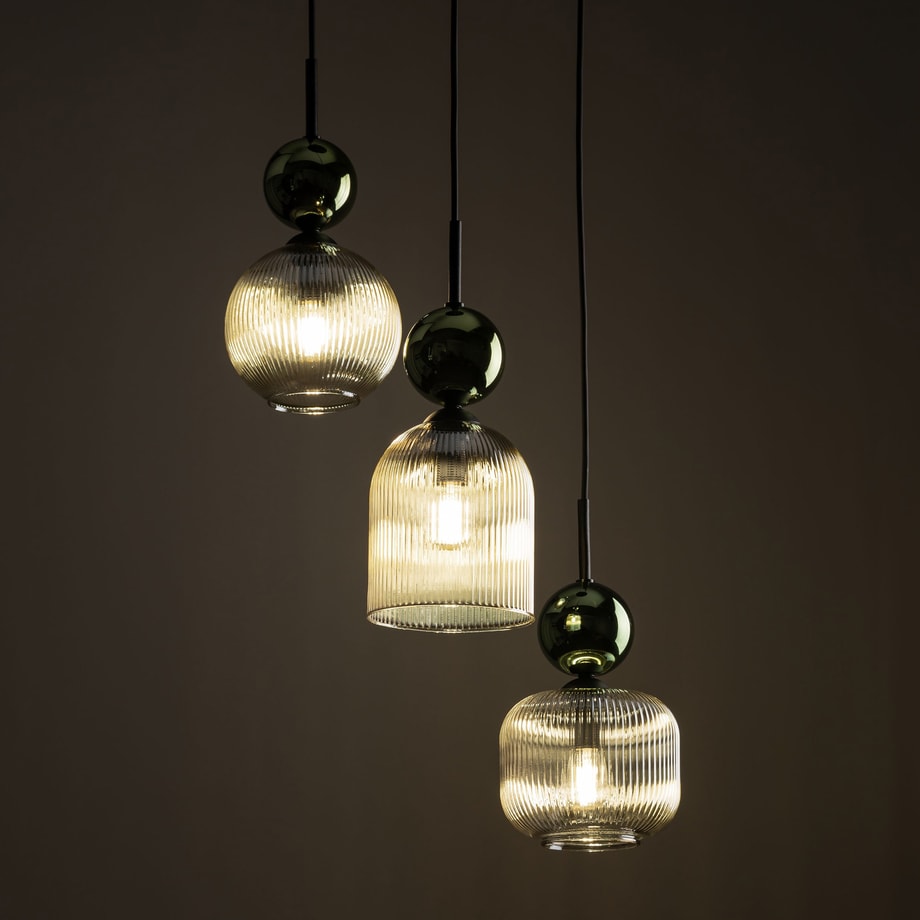 Lampa wisząca 3 klosze okrągła podstawa SOPHIA GREEN COGNAC