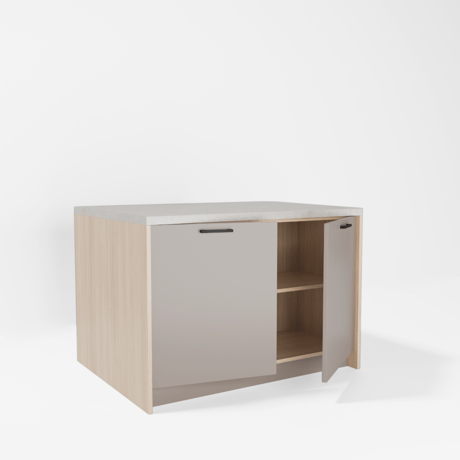 Wyspa kuchenna SALVINA, 2 szafki 60 cm z półkami, korpus dąb cremona, fronty clay grey, blat crema limestone