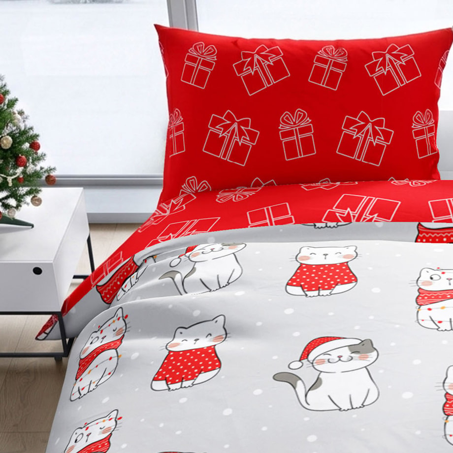 Pościel świąteczna bawełniana w kotki 140x200 cm JINGLE BELLS