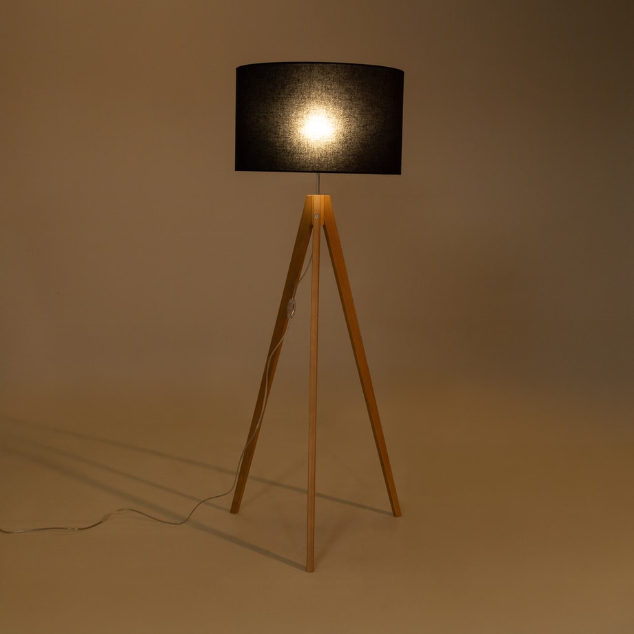 Lampa na drewnianym trójnogu abażur czarny TREVISO