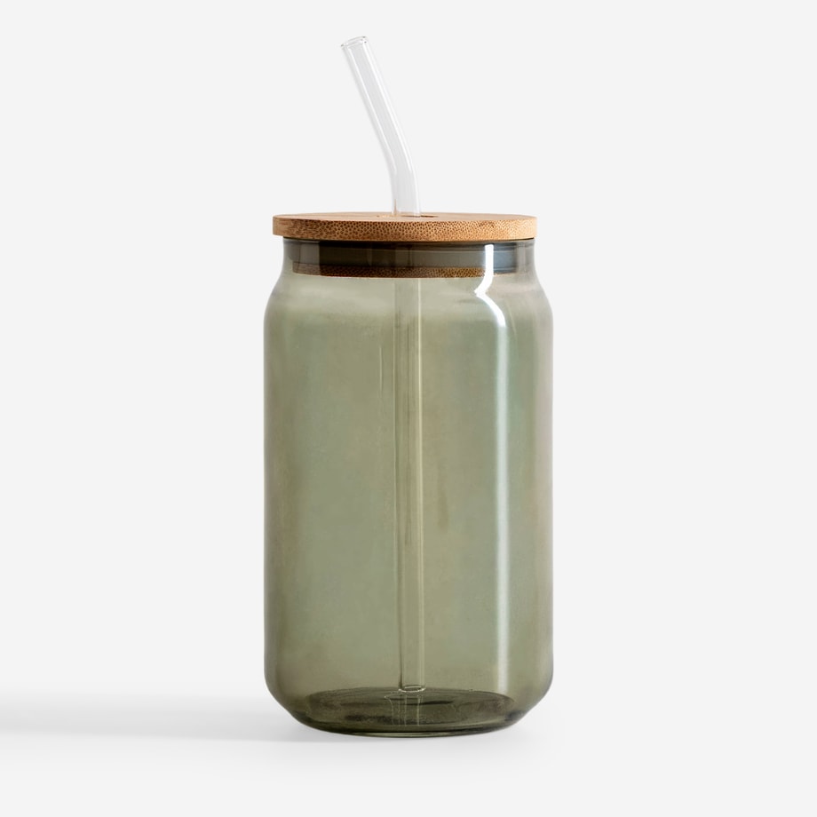 Szklanka z bambusową pokrywką i szklaną słomką zielona 450 ml