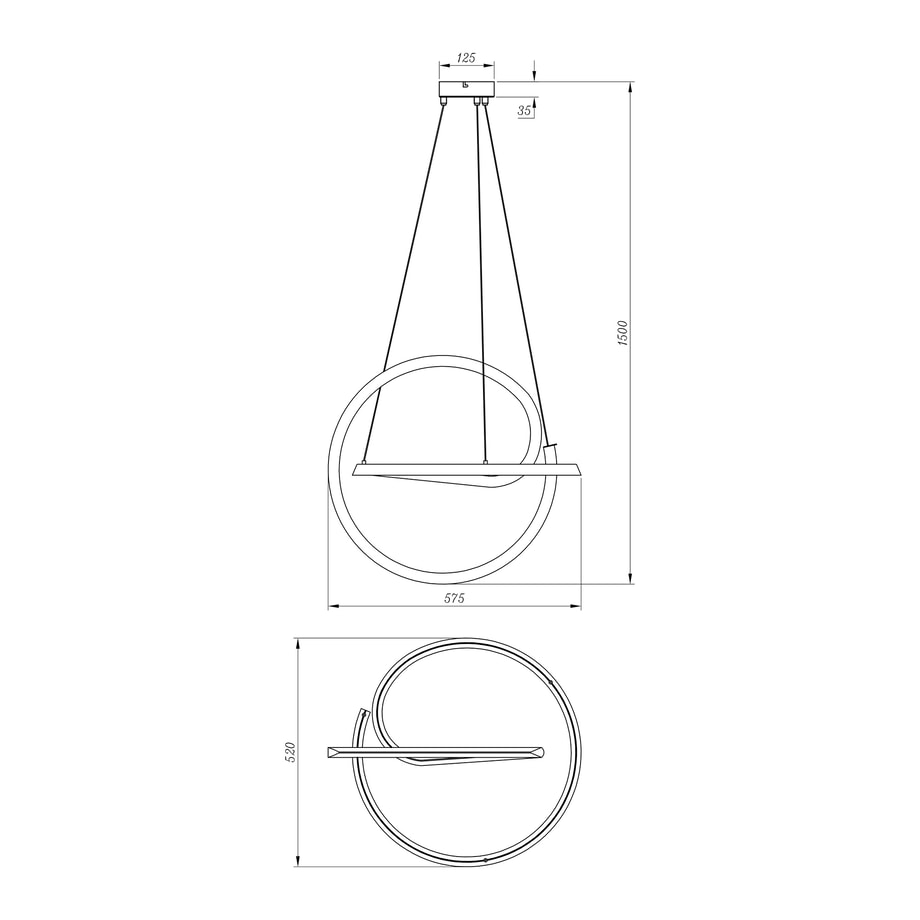 Rysunek techniczny złotej lampy wiszącej LED z trzema pierścieniami i wymiarami.
