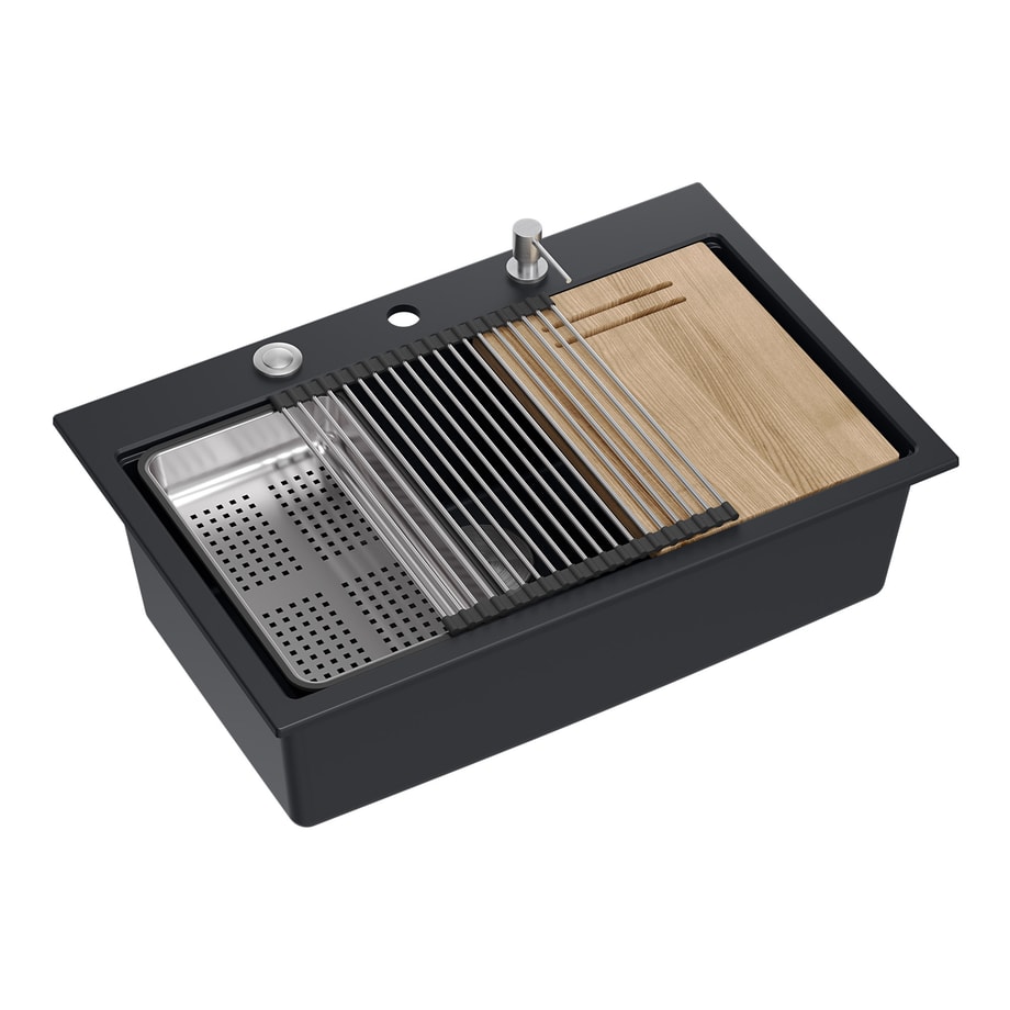 Komplet zlewozmywak QUADRON czarny MASTER BASE 1K 76x50 cm z akcesoriami - 1