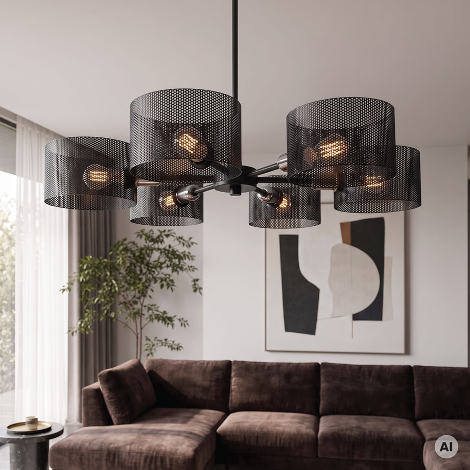 Czarna lampa wisząca z sześcioma metalowymi kloszami. W tle widoczny jest brązowy narożnik, roślina i obraz na ścianie.