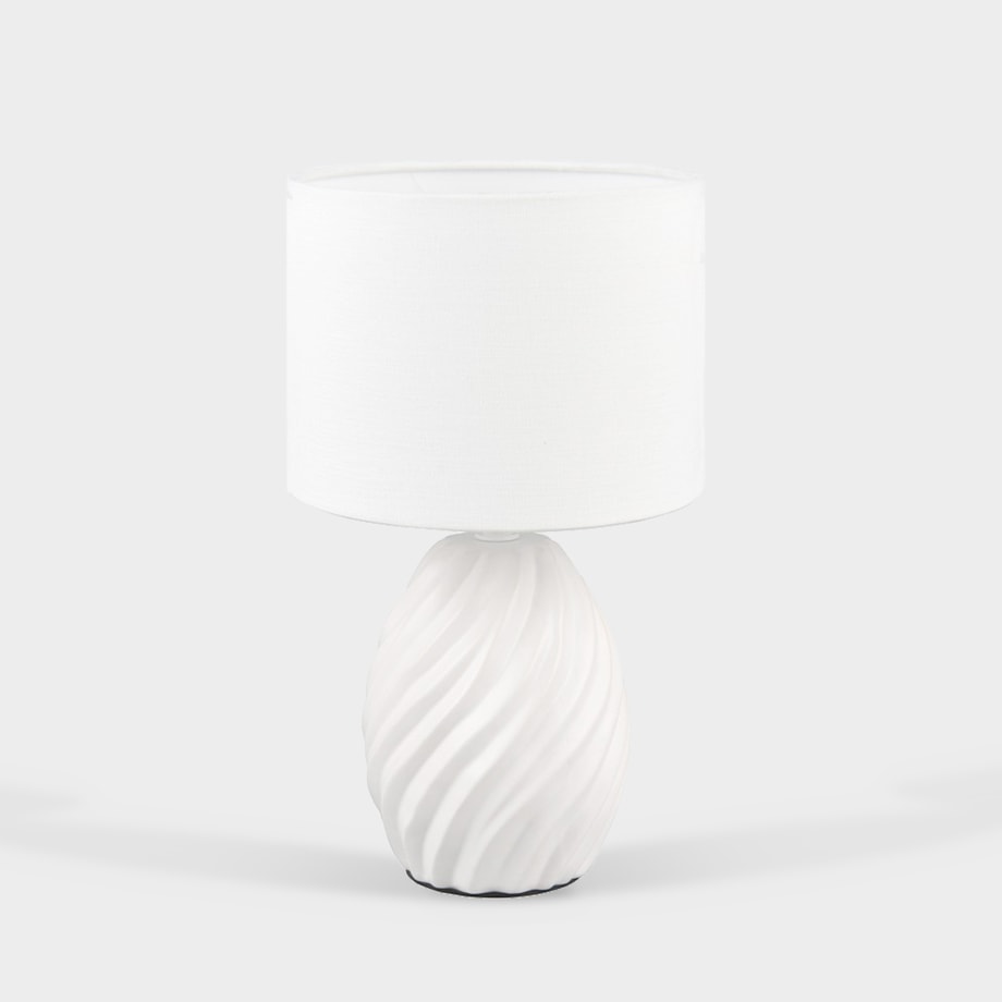 Lampa stołowa biała widoczna od frontu.