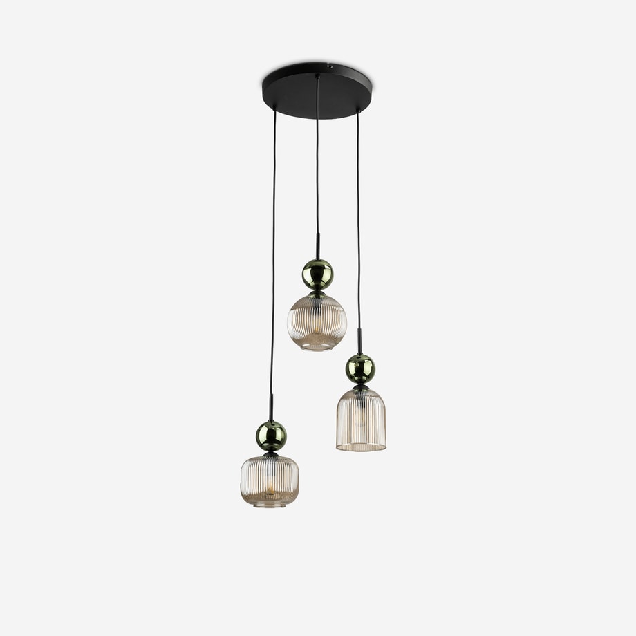 Lampa wisząca 3 klosze okrągła podstawa SOPHIA GREEN COGNAC - 1