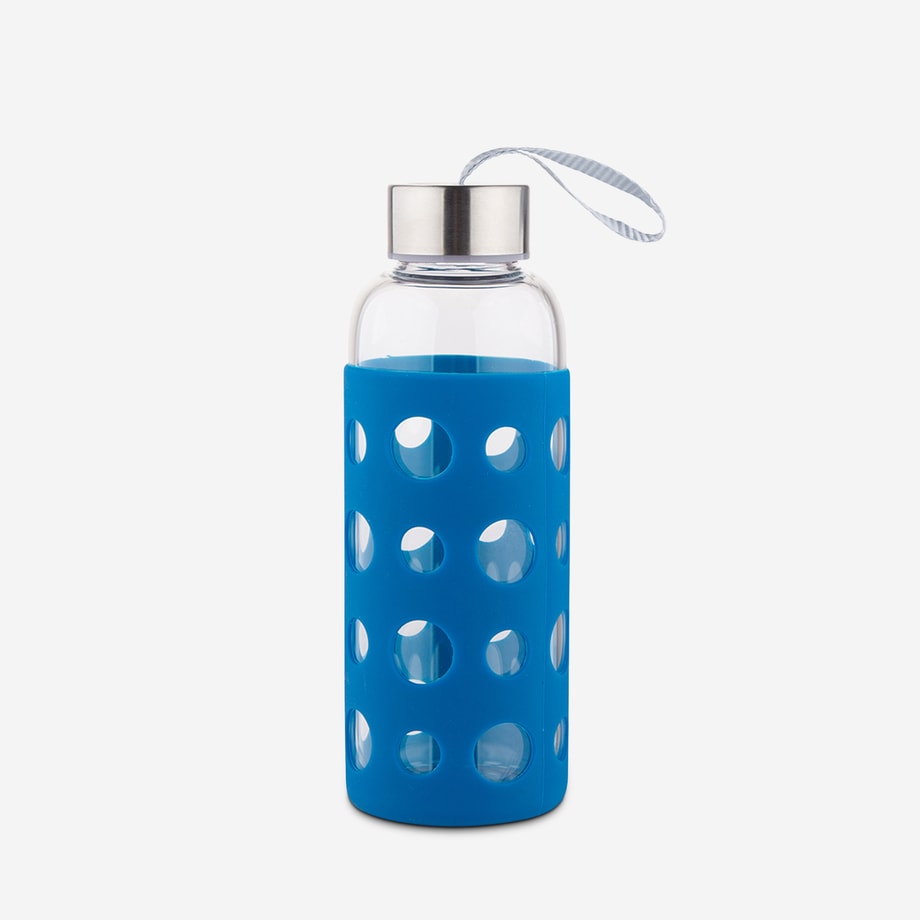Szklana butelka z silikonową osłoną niebieska 425 ml - 1