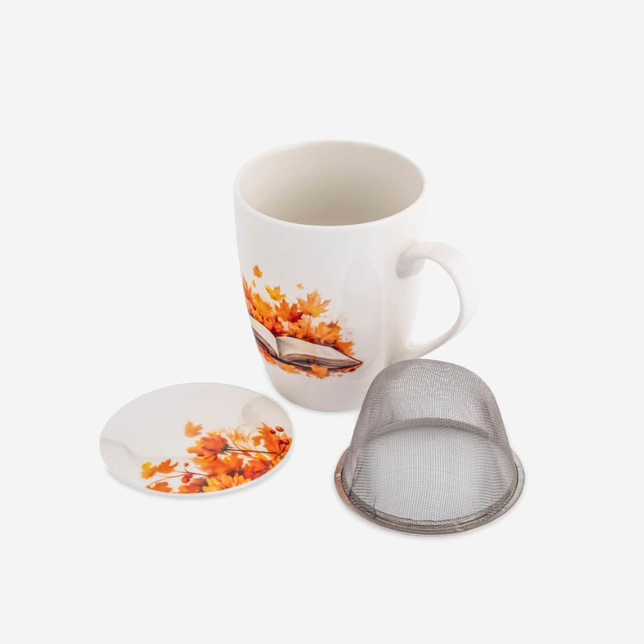 Kubek porcelanowy z zaparzaczem i pokrywką BARWY JESIENI 350 ml - 1
