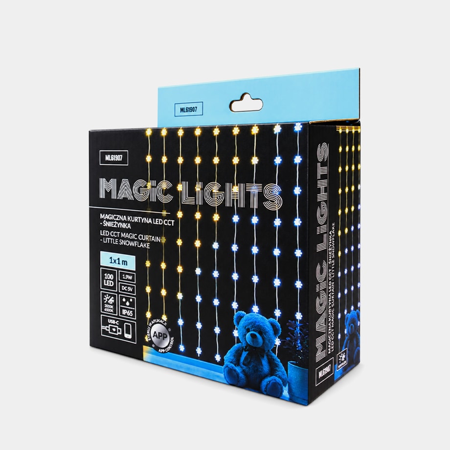 USB 5V (1A) – kurtynę zasilisz z ładowarki, powerbanku lub portu USB.