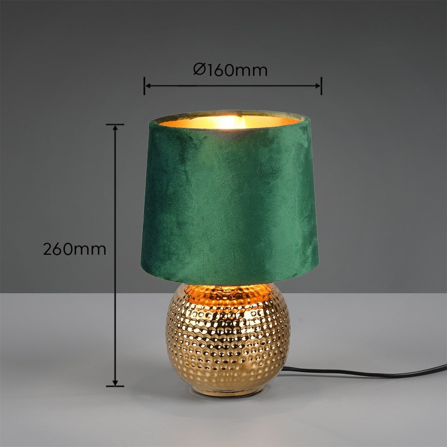 Lampa stołowa z abażurem zielono-złota z wymiarami widoczna od przodu.