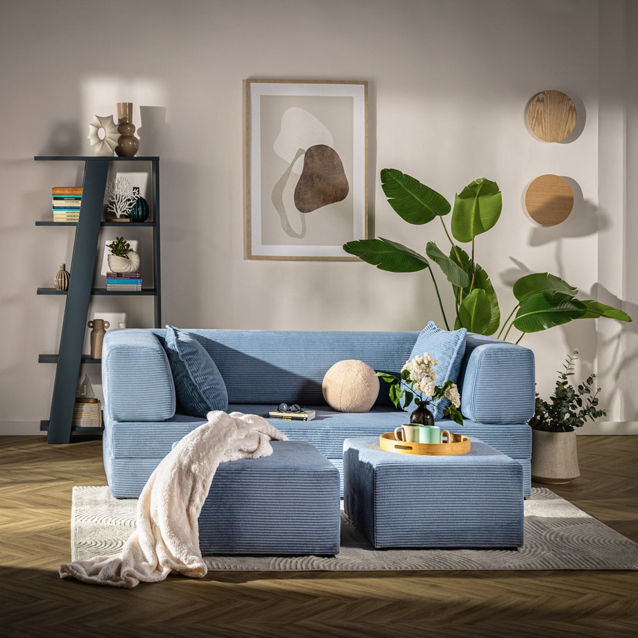 Sofa 3-osobowa z 2 pufami jasnoniebieska CITY - 2