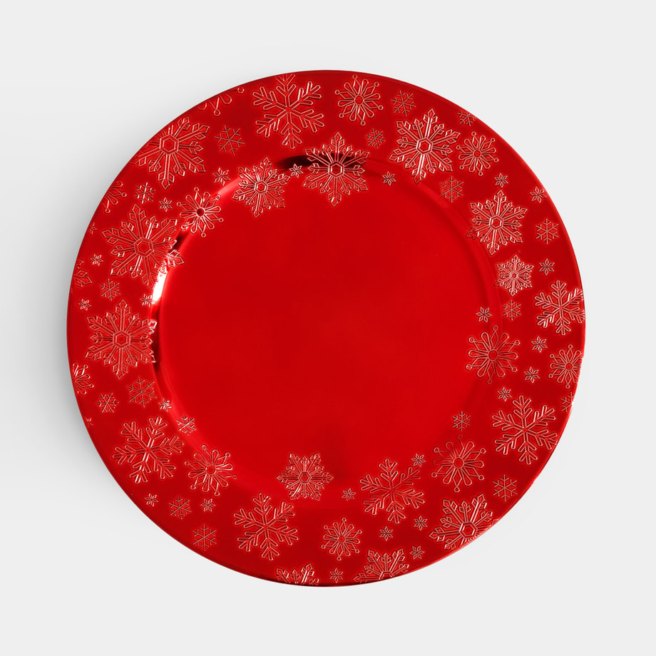 Talerz dekoracyjny podtalerz czerwony w śnieżynki 33 cm - 1