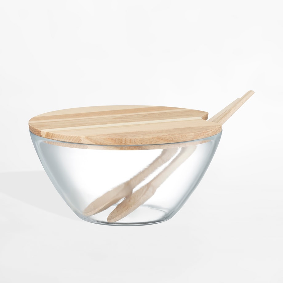 Salaterka z drewnianą pokrywą i sztućcami 23 cm - 1