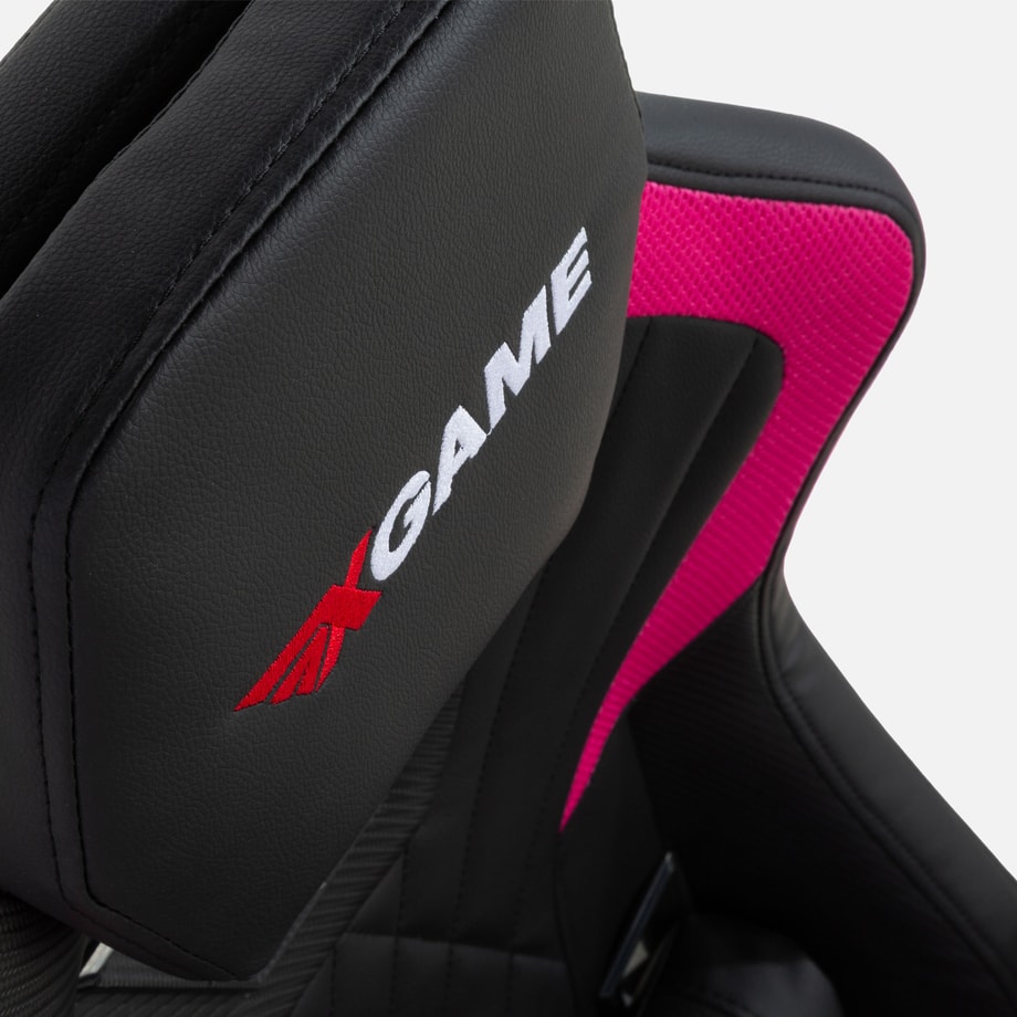 Fotel gamingowy, ergonomiczny z poduszką lędźwiową i zagłówkiem, czarno-różowy MEWINO - 7
