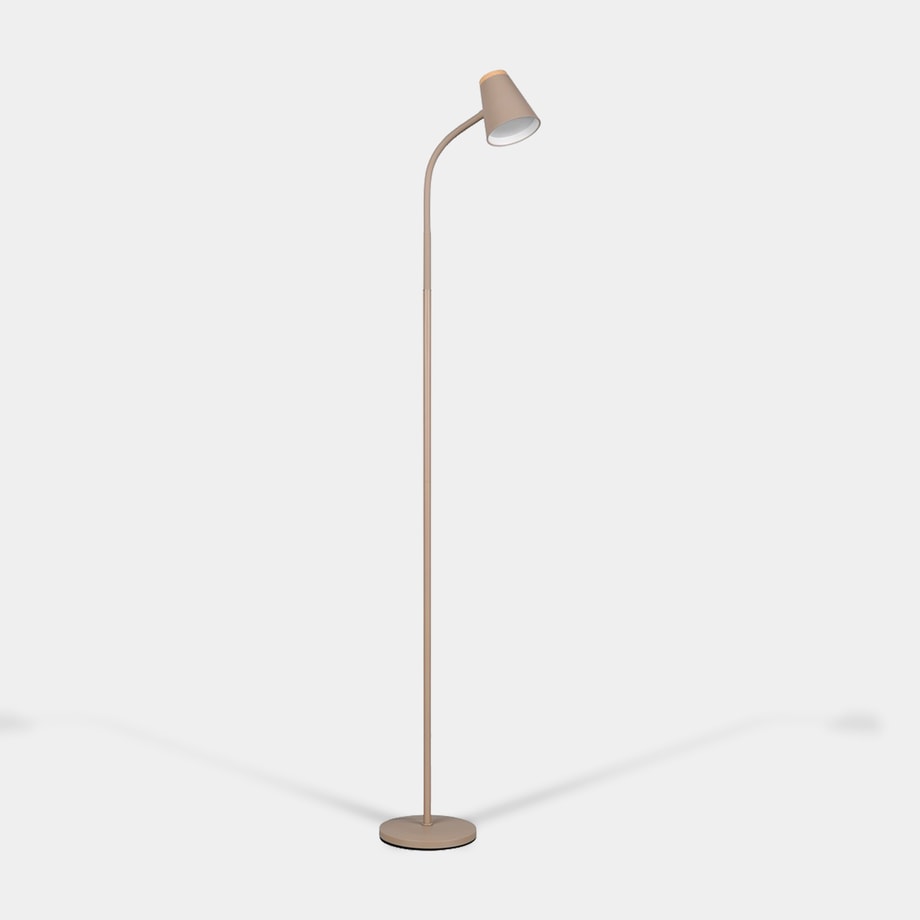 Lampa podłogowa LED beżowa z pojedynczym kloszem widoczna od przodu.