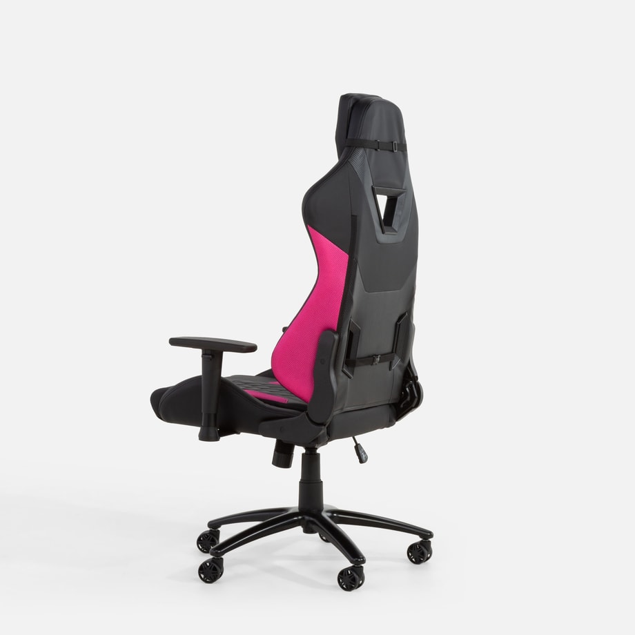 Fotel gamingowy, ergonomiczny z poduszką lędźwiową i zagłówkiem, czarno-różowy MEWINO - 4