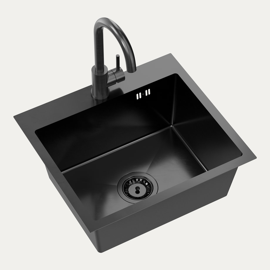 Komplet zlewozmywak QUADRON czarny AVENIR BOX 50X45 cm z baterią - 1