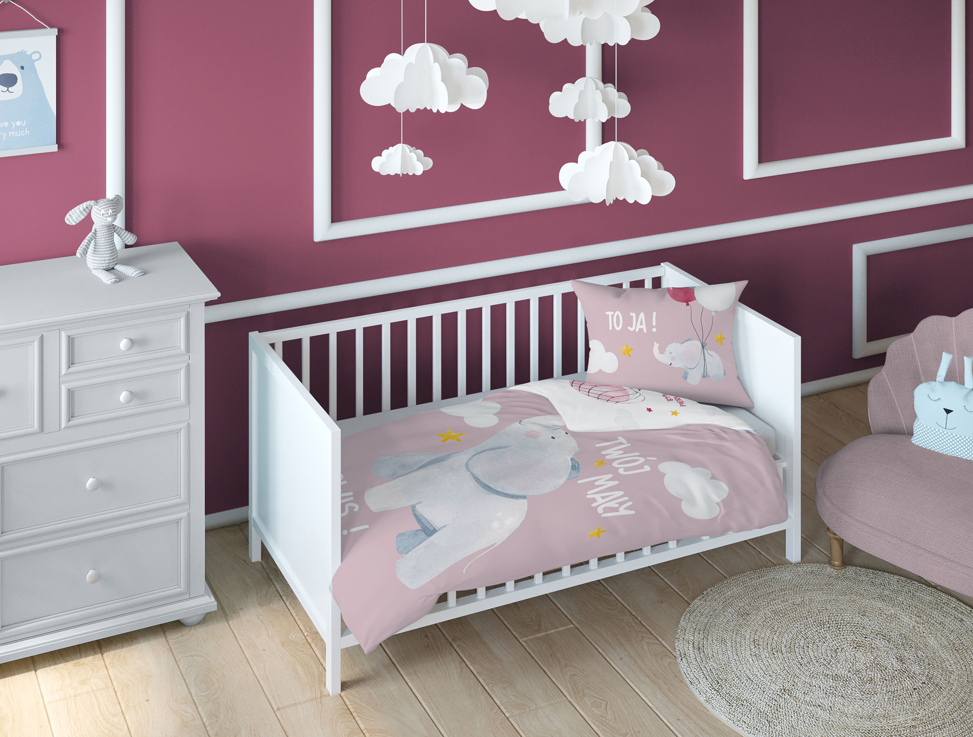 Pościel Bambusowa do Łóżeczka Różowy Słoń 100x135 cm