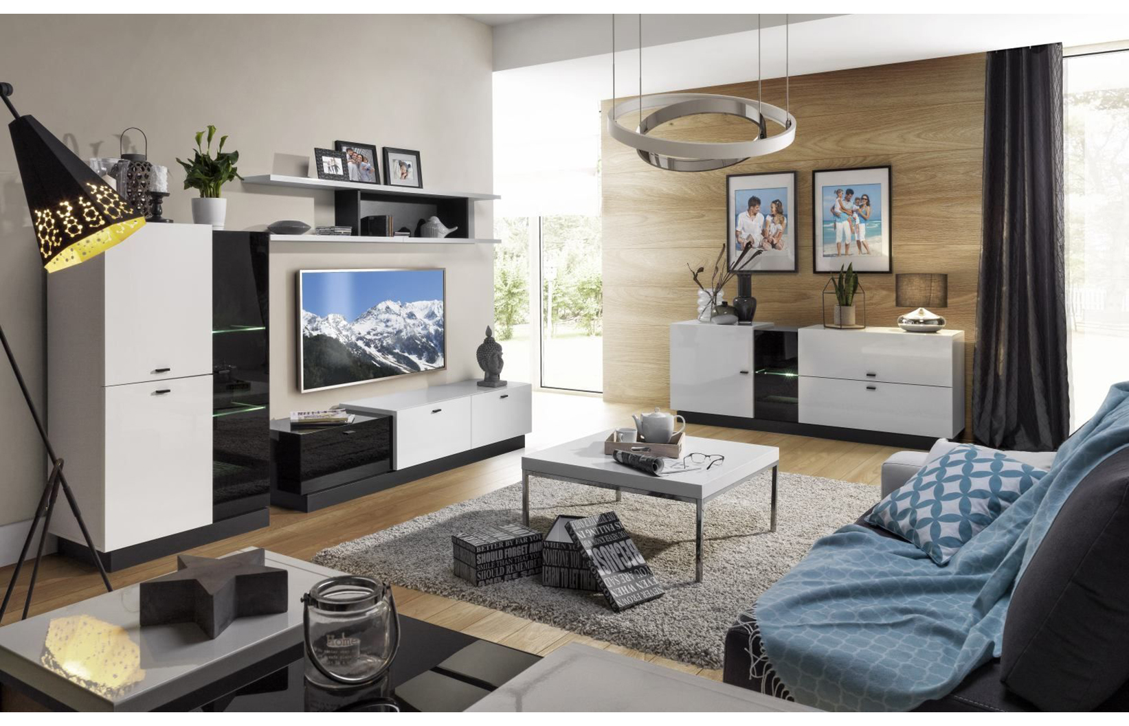 Meble z kolekcji Quartz w aranżacji nowoczesnego salonu z szafką RTV i komodą