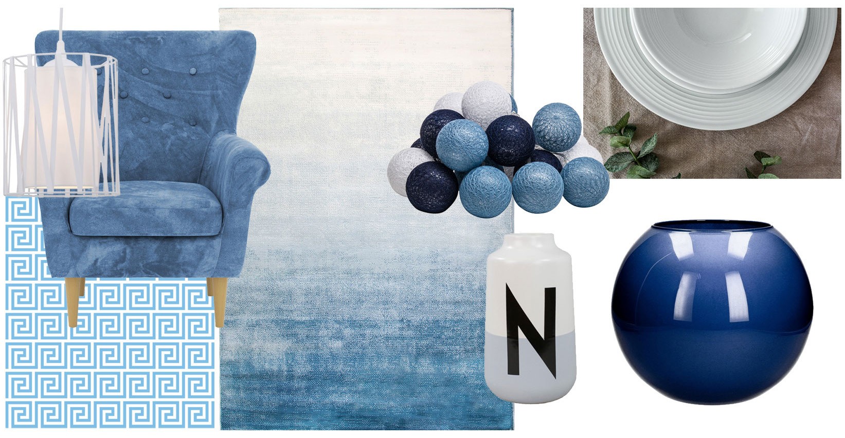 Moodboard wnętrzarski w kolorach niebieskim i białym z fotelem, lampą, dywanem, dekoracjami i dodatkami do salonu.