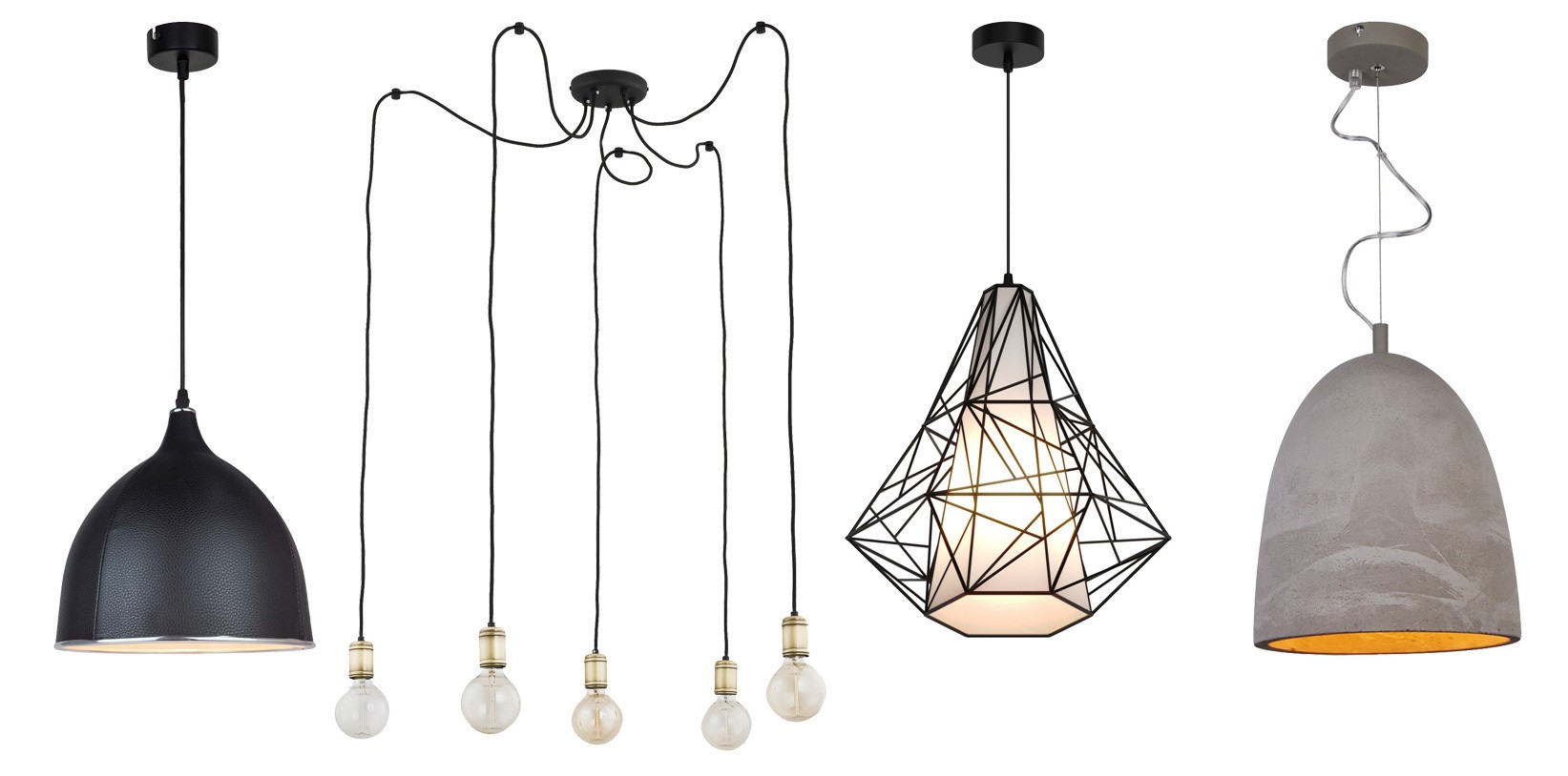 Lampy wiszące w różnych stylach: industrialna czarna kopuła, lampa pająk z pięcioma żarówkami, geometryczna lampa druciana i szara lampa betonowa.
