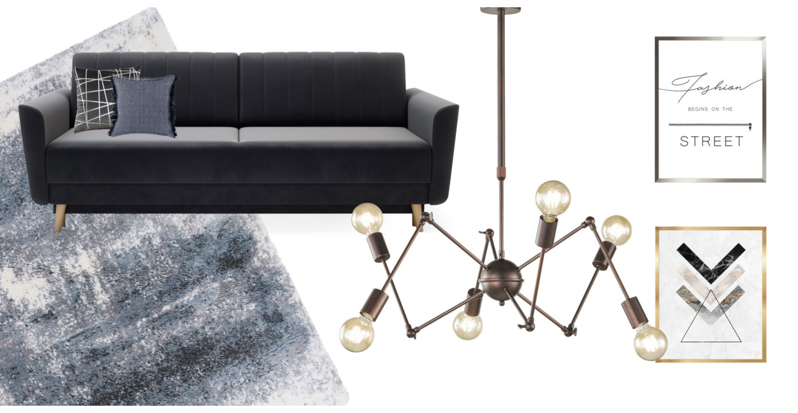 Moodboard salonu industrialnego z granatową sofą, dywanem i loftową lampą wiszącą.