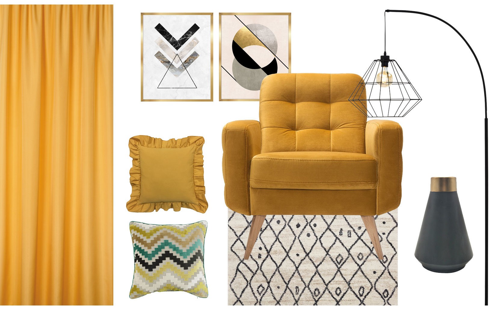 Moodboard wnętrza w kolorze honey yellow z fotelem, zasłonami i dekoracyjnymi poduszkami