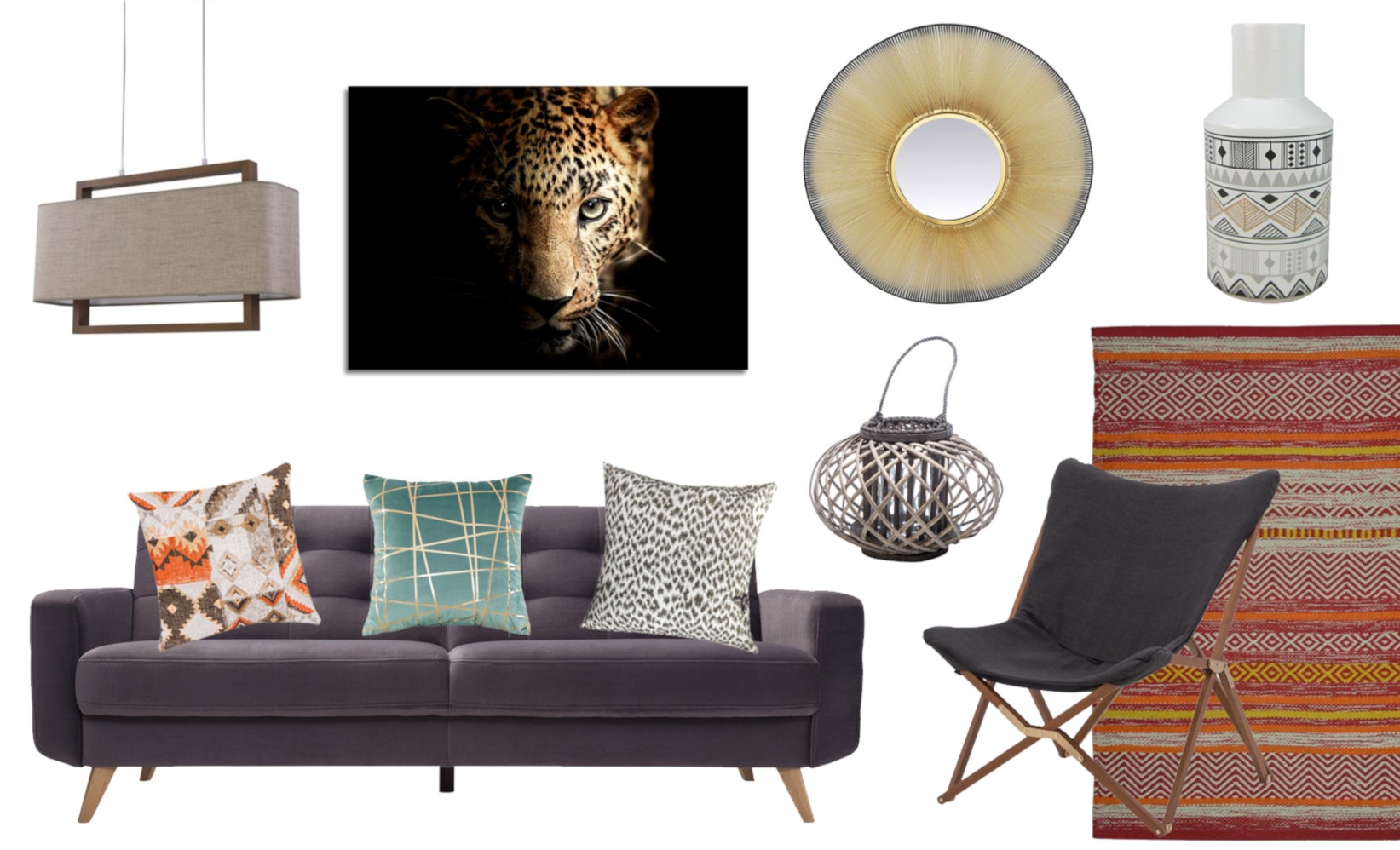 Zestaw dodatków: sofa, plakat z leopardem, lustro i dywan.