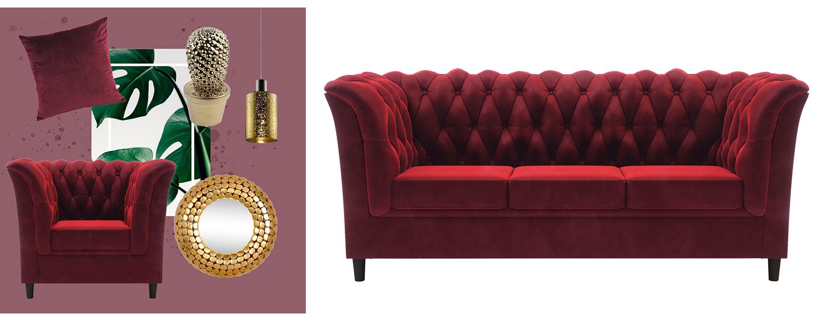 Bordowa pikowana sofa, fotel i pasujące dodatki.