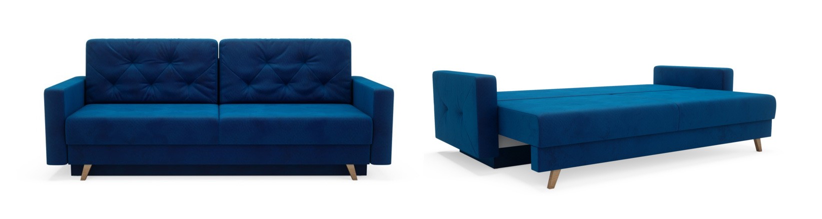Granatowa sofa rozkładana w dwóch ujęciach