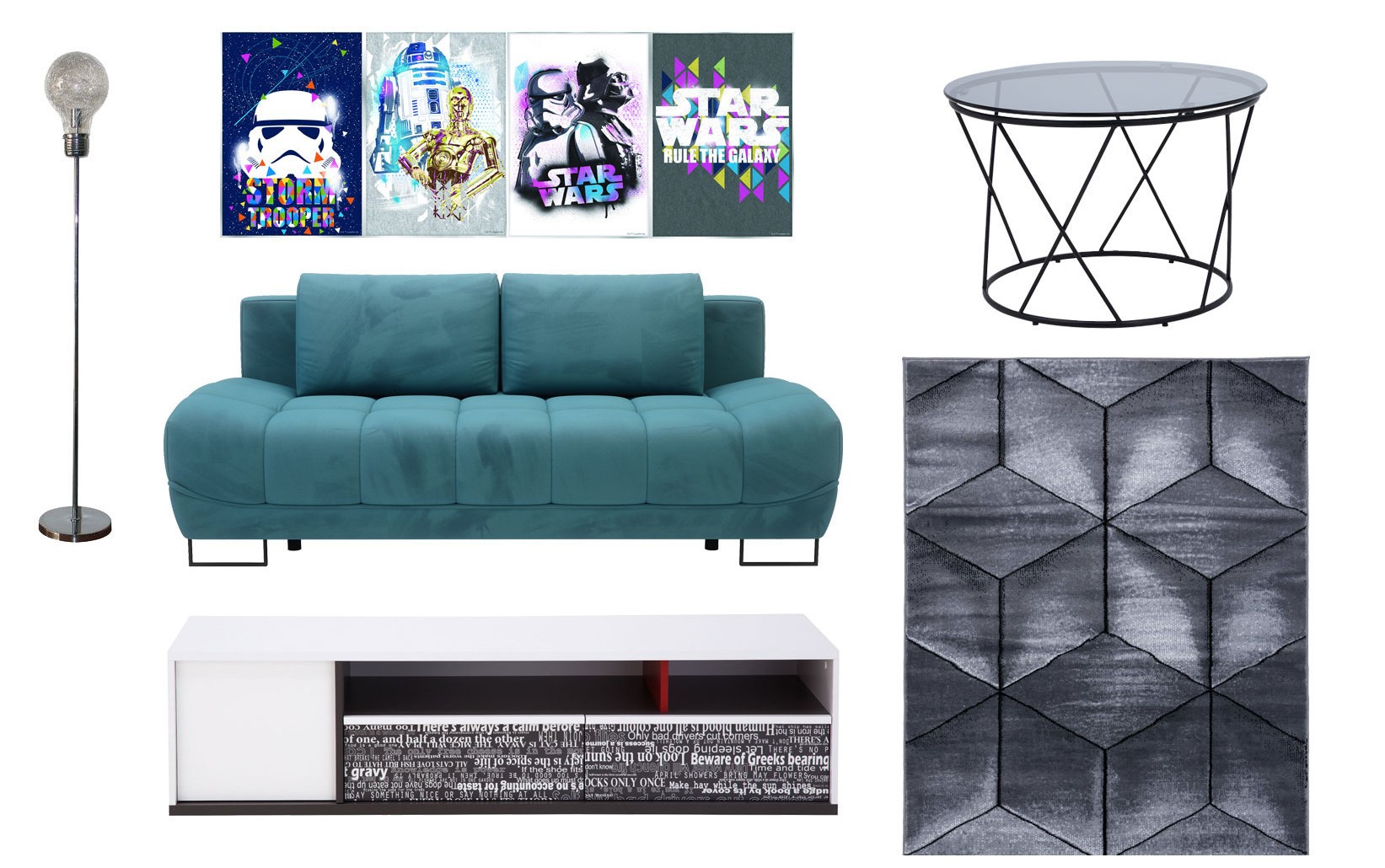 Aranżacja kącika gamingowego w salonie z niebieską sofą, stolikiem kawowym, lampą podłogową i plakatami Star Wars