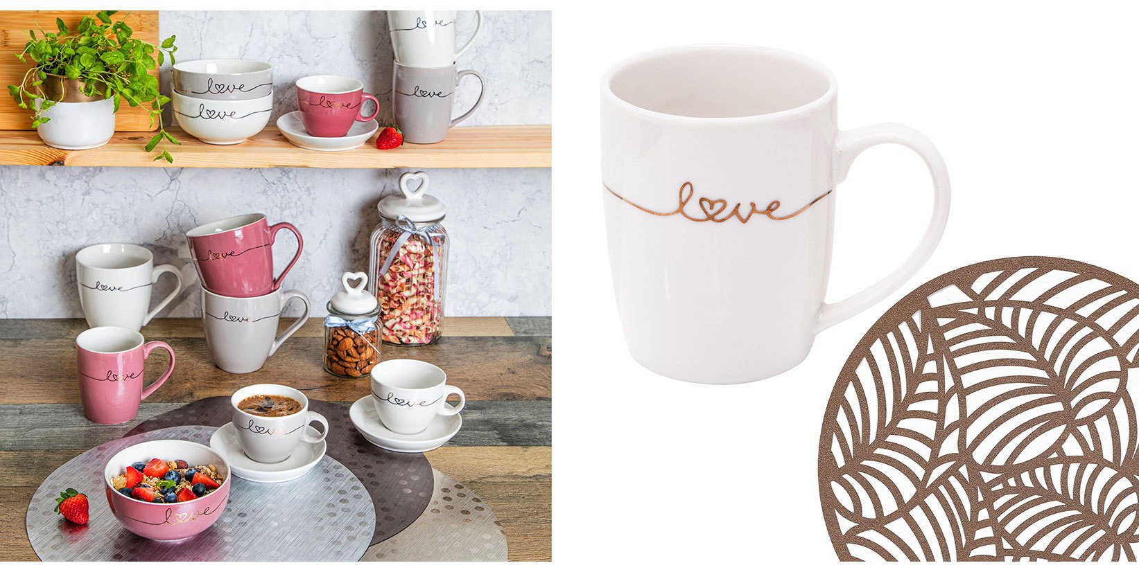 Kolekcja naczyń ceramicznych „Love” obejmująca kubki, filiżanki i miseczki w bieli, szarości oraz różu.