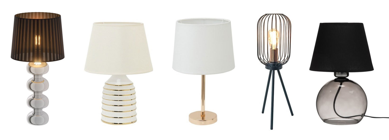 Pięć lamp stołowych o różnych kloszach.