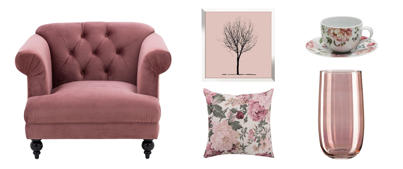 Różowy fotel uszak w stylu glamour z pikowanym oparciem, zestawiony z dekoracjami w odcieniach pudrowego różu, kwiatową poduszką i eleganckimi dodatkami do salonu.