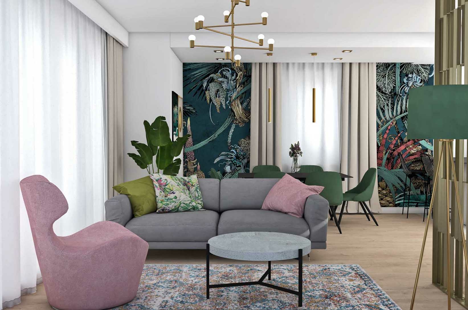 Szara sofa z kolorowymi poduszkami