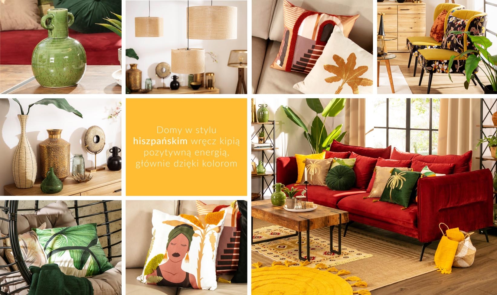 Moodboard aranżacji wnętrza w stylu hiszpańskim z naturalnymi materiałami i ciepłymi barwami