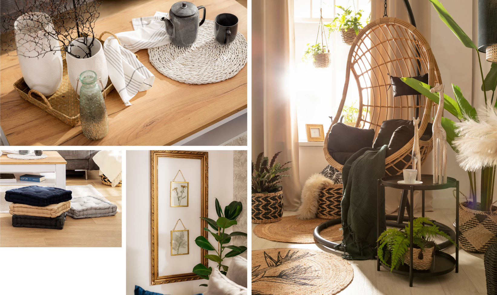Moodboard z inspiracjami do aranżacji domku letniskowego w naturalnym stylu z rattanem, roślinami i dodatkami w odcieniach beżu