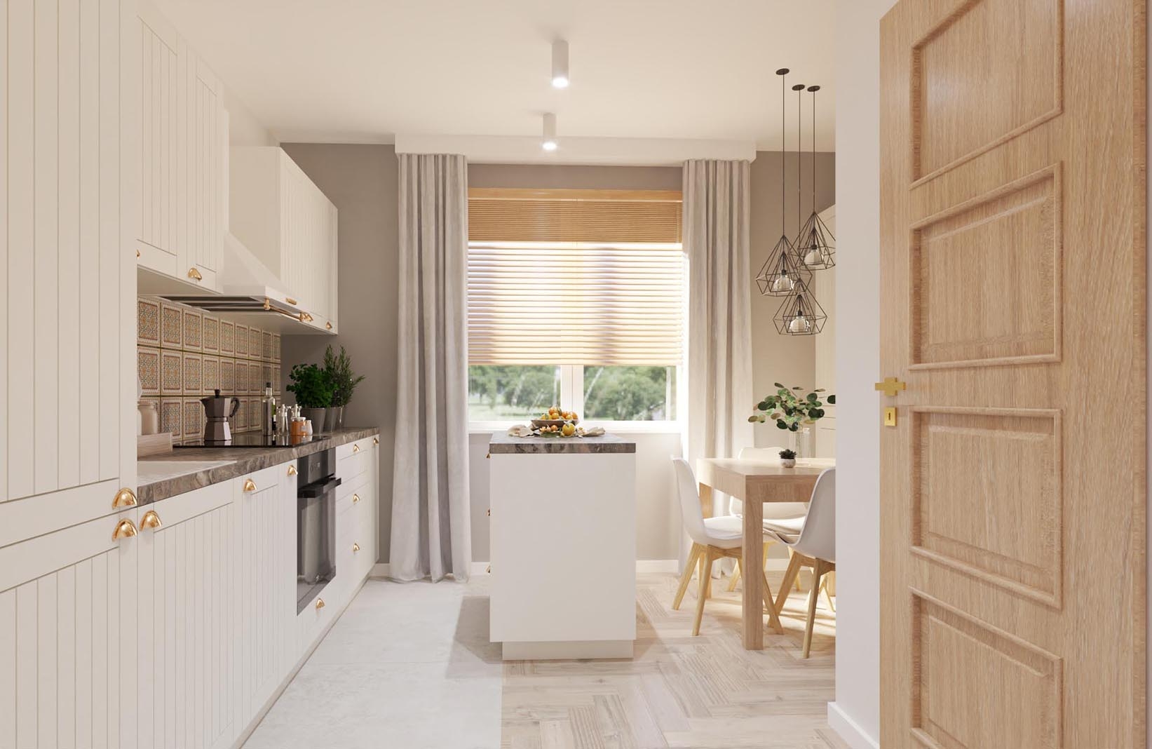 Biała kuchnia z widokiem na jadalnię.