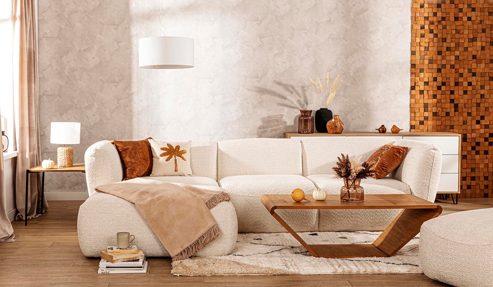 Salon w stylu scandi boho