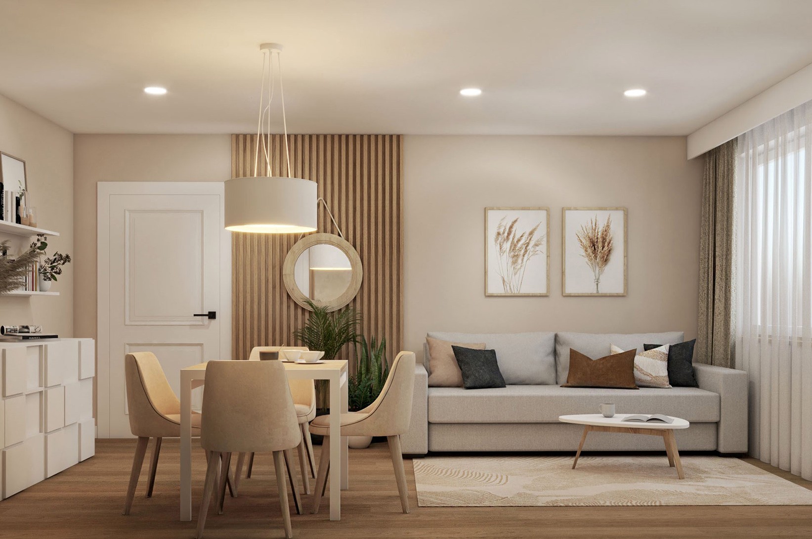 Salon z jadalnią w stylu modern farmhouse