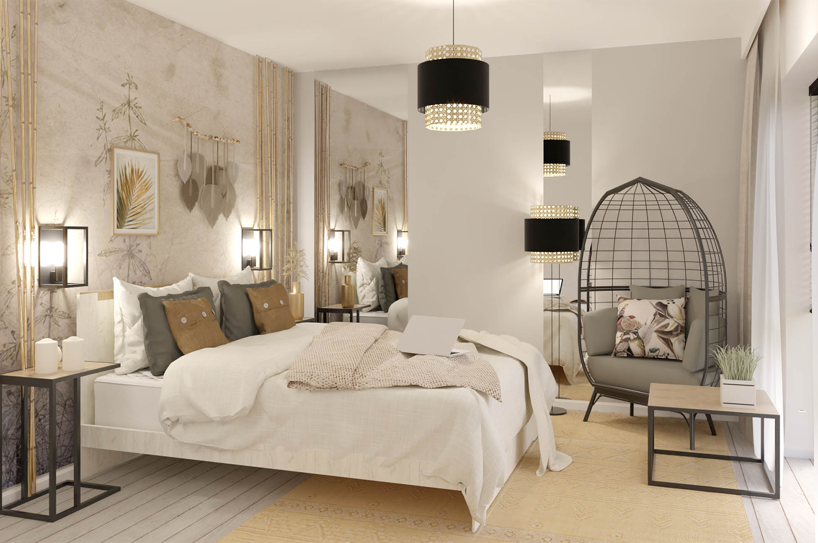 Aranżacja sypialni w stylu modern - biel i beż