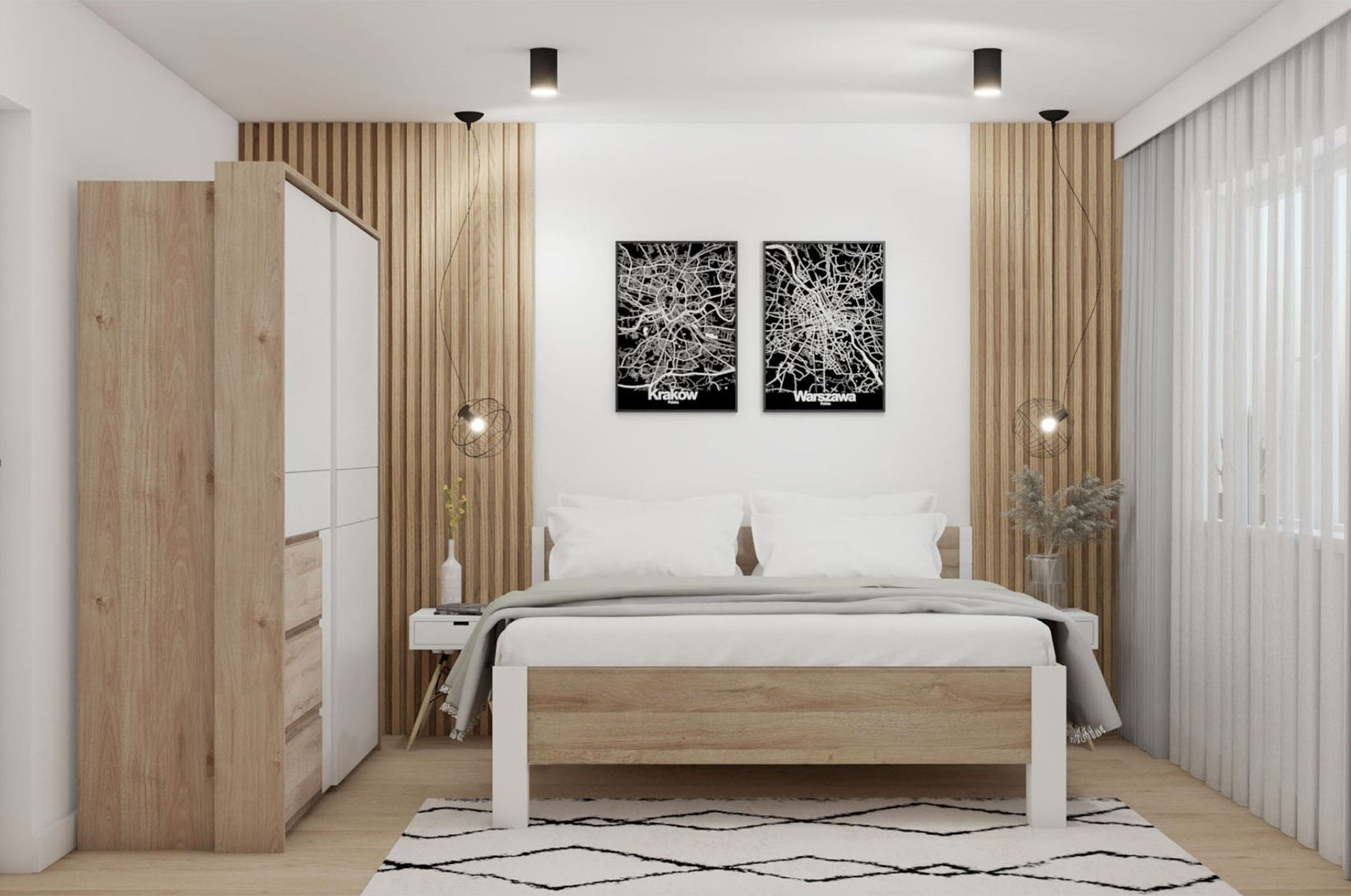 Aranżacja sypialni w stylu modern - biel i drewno