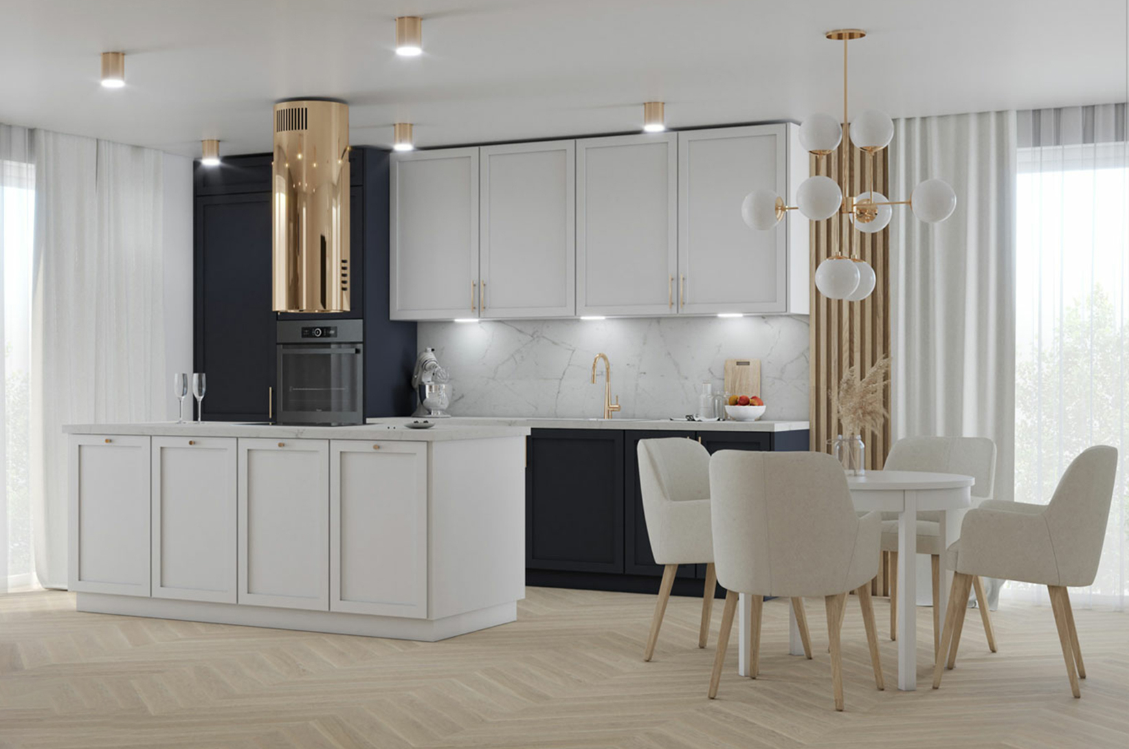 Półotwarta kuchnia na salon w duchu sleek chic