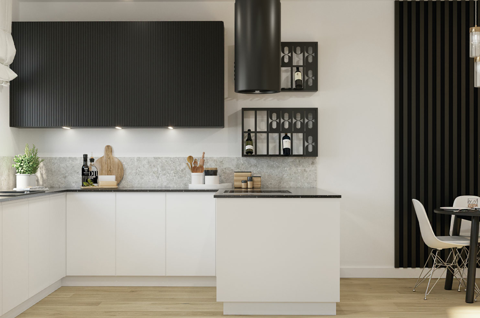 Półotwarta kuchnia na salon w duchu sleek chic