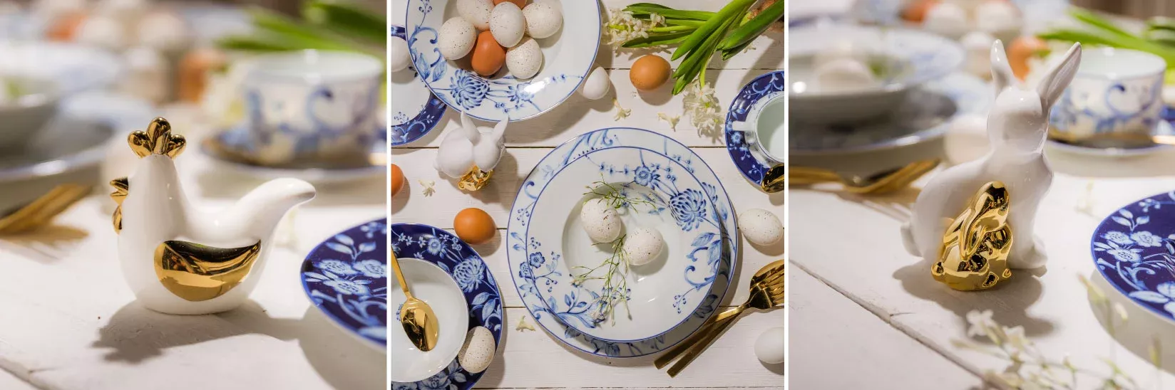 Kolaż wielkanocnych dekoracji stołu przedstawiający ceramiczną kurkę, figurkę zajączka, porcelanową zastawę w niebieski wzór oraz pisanki w świątecznej aranżacji.