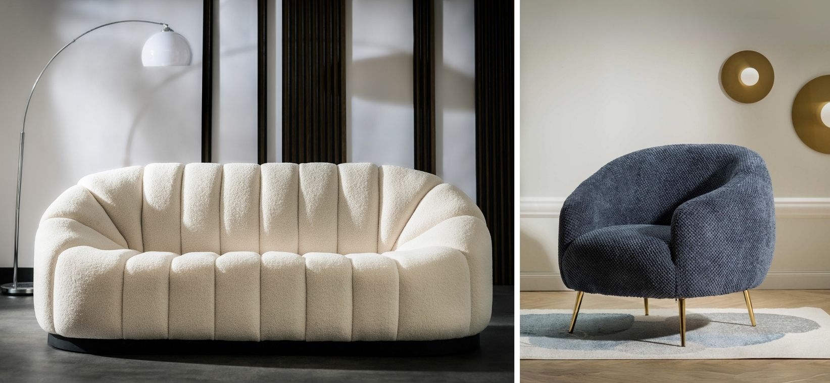 Miękka sofa oraz wygodny fotel w nowoczesnym salonie urządzonym w minimalistycznym stylu.